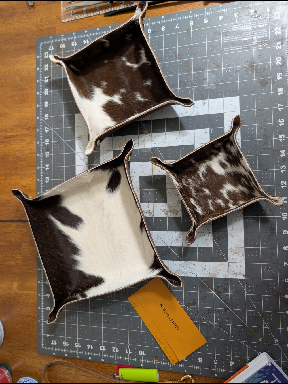 Set Of 3 Cowhide Leather Trays